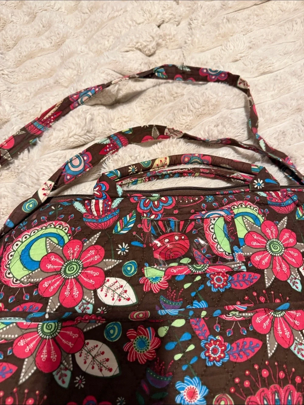 Vera Bradley Floral Quilted Laptop Crossbody in Brown, Pink and Green